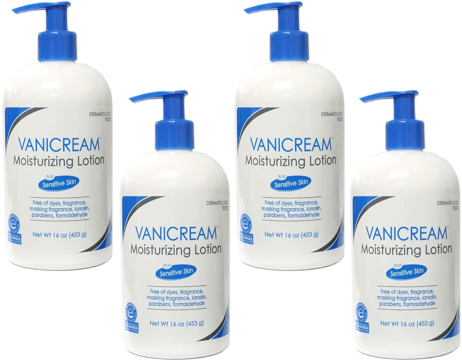 Vanicream Lotion with Pump for Sensitive Skin, 16oz Per Bottle (4 Pack)