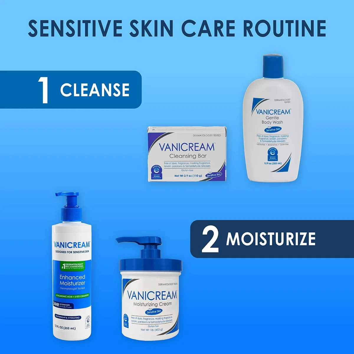Vanicream Sensitive Skin Care Set, Enhanced Moisturizer with Hyaluronic Acid and Ceramides 12 fl oz plus Cleansing Bar 3.9 oz, Dermatologist Tested Gentle Skin Care Bundle - Image 3