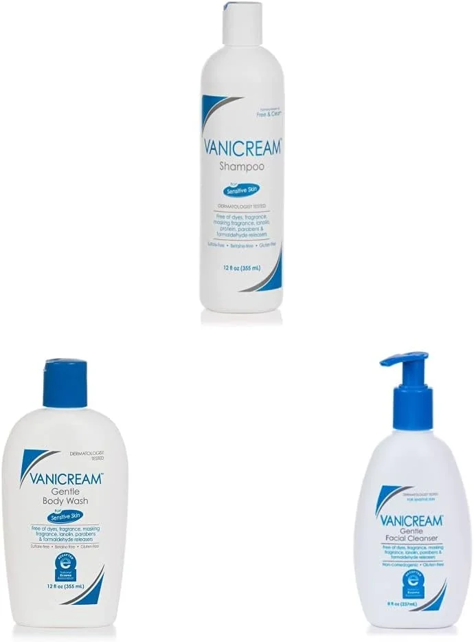 Vanicream Shampoo (12 Fl Oz) Gentle Facial Cleanser with Pump Dispenser (8 fl oz) Gentle Body Wash (12 Ounce) Bundle
